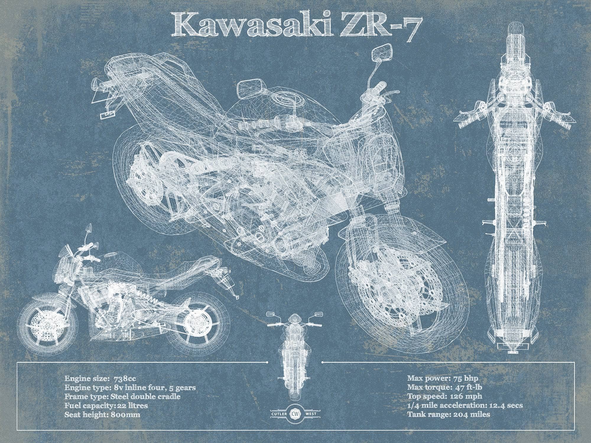 Kawasaki ZR-7 Vintage Blueprint Motorcycle Patent Art by Cutler West