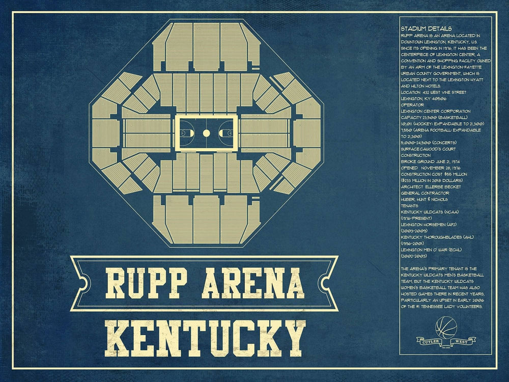 14" x 11" / Stretched Canvas Wrap Cutler West Kentucky Wildcats - Rupp Arena Seating Chart - College Basketball Blueprint Art