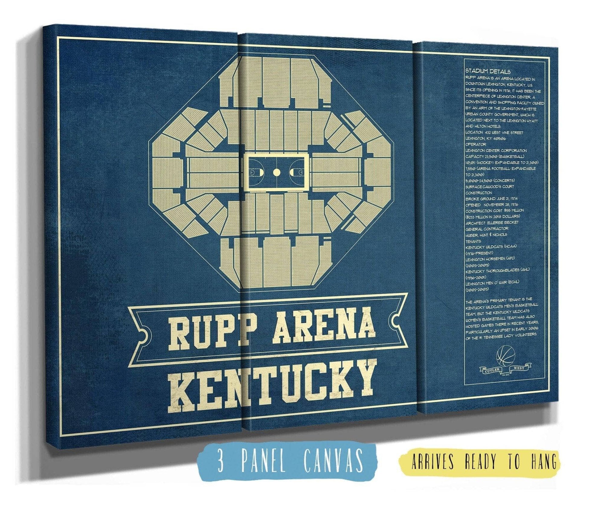 Cutler West Basketball Collection 48" x 32" / 3 Panel Canvas Wrap Kentucky Wildcats - Rupp Arena Seating Chart - College Basketball Blueprint Art 662071190_83806