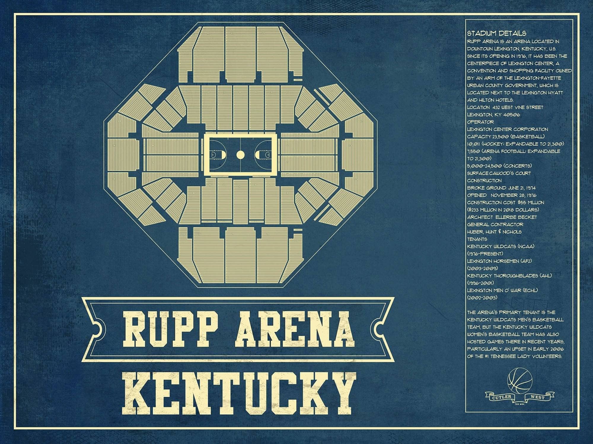 Cutler West Basketball Collection 14" x 11" / Unframed Kentucky Wildcats - Rupp Arena Seating Chart - College Basketball Blueprint Art 662071190_83756