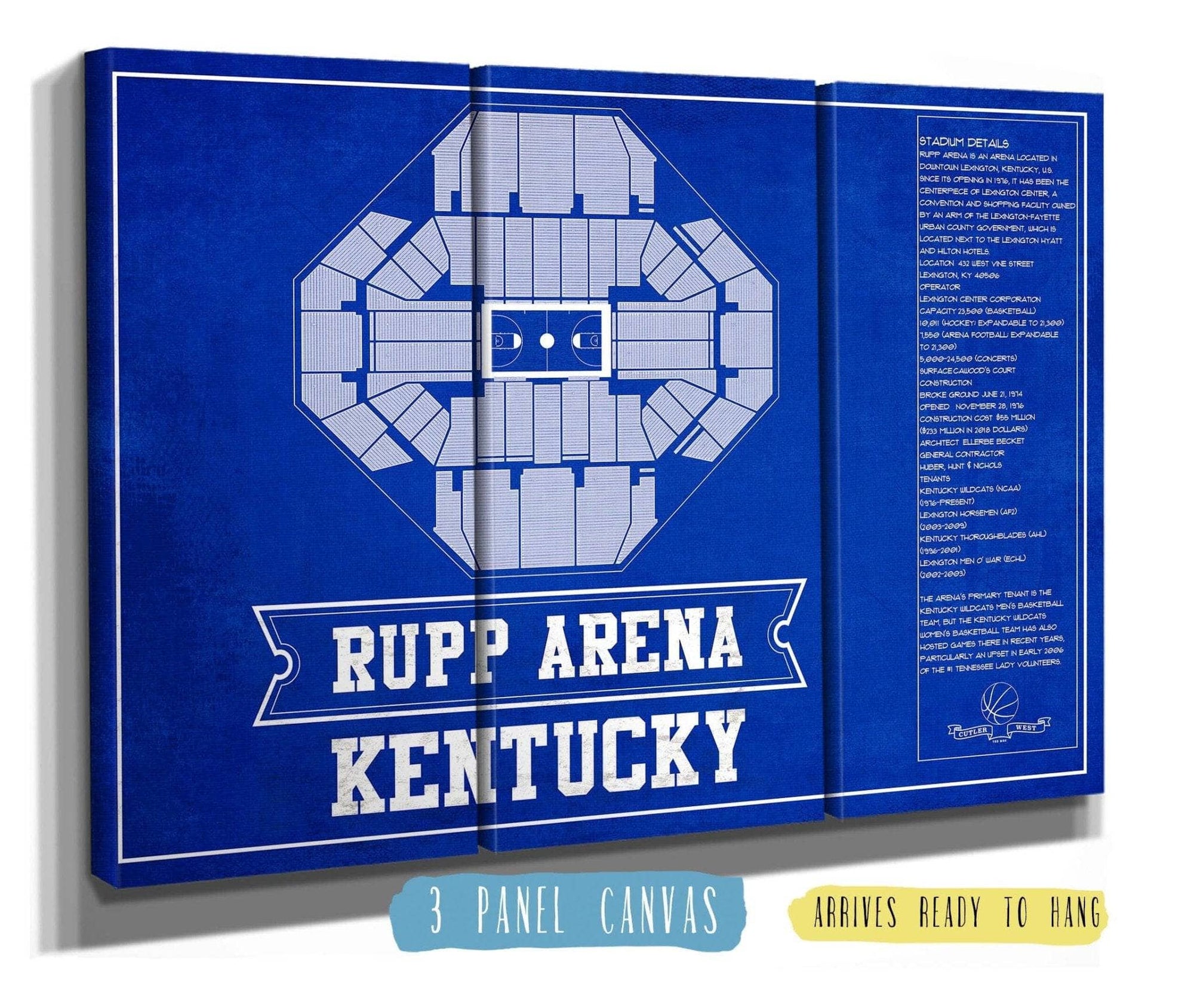 Cutler West Basketball Collection 48" x 32" / 3 Panel Canvas Wrap Kentucky Wildcats - Rupp Arena Seating Chart - College Basketball Blueprint Team Color Art 662071190-TEAM83872