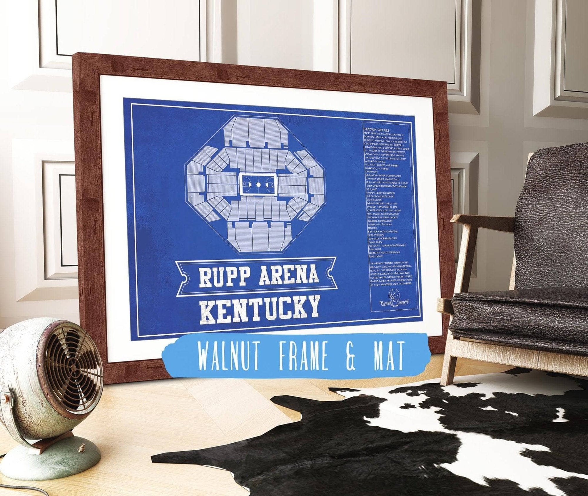 Cutler West Basketball Collection 14" x 11" / Walnut Frame & Mat Kentucky Wildcats - Rupp Arena Seating Chart - College Basketball Blueprint Team Color Art 662071190-TEAM83826