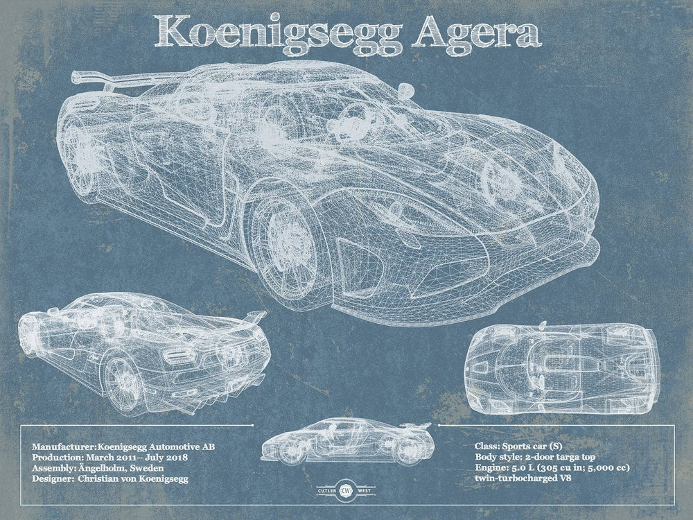 14" x 11" / Stretched Canvas Wrap Cutler West Koenigsegg Agera Blueprint Patent Race Car Print