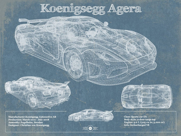 14" x 11" / Unframed Cutler West Koenigsegg Agera Blueprint Patent Race Car Print