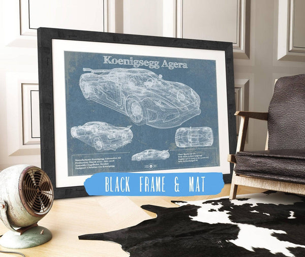 20" x 16" / Black Frame & Mat Cutler West Koenigsegg Agera Blueprint Patent Race Car Print