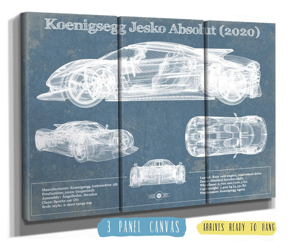 36" x 24" / 3 Panel Canvas Wrap Cutler West Koenigsegg Jesko Absolut 2020 Blueprint Patent Race Car Print