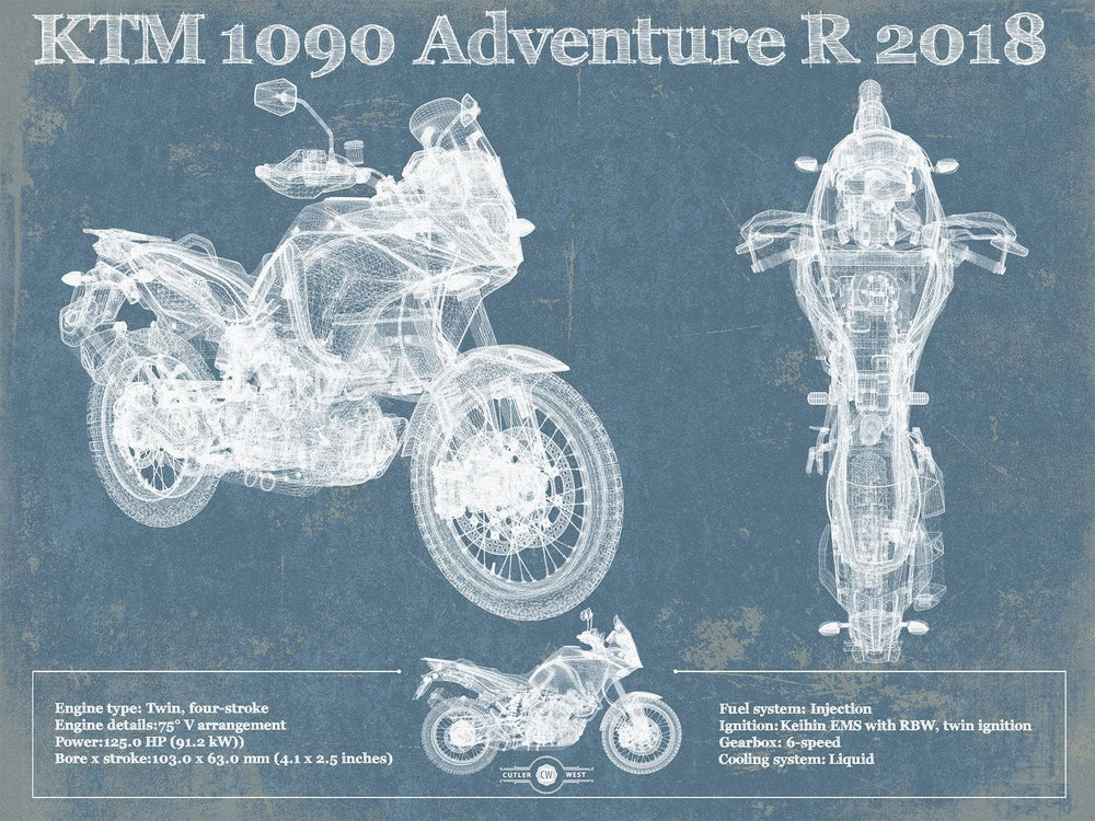 14" x 11" / Stretched Canvas Wrap Cutler West KTM 1090 Adventure R 2018 Blueprint Motorcycle Patent Print