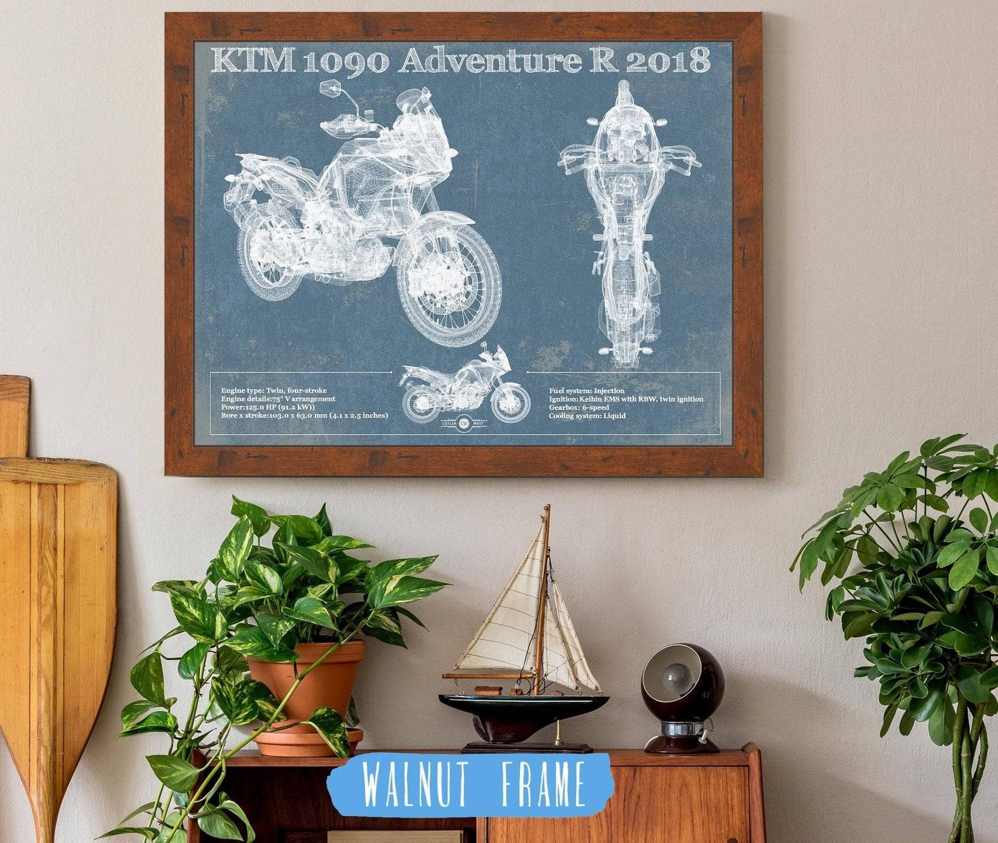 Cutler West 14" x 11" / Walnut Frame KTM 1090 Adventure R 2018 Blueprint Motorcycle Patent Print 845000246_66291