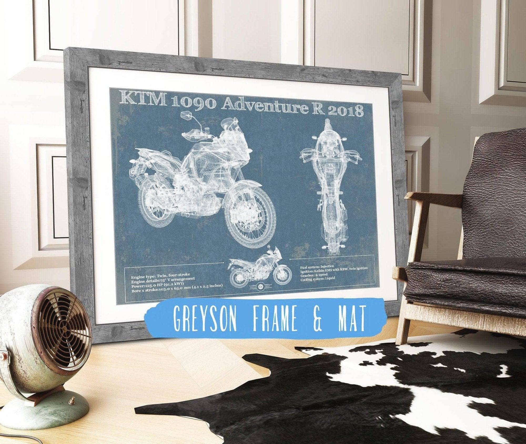 Cutler West 14" x 11" / Greyson Frame & Mat KTM 1090 Adventure R 2018 Blueprint Motorcycle Patent Print 845000246_66296