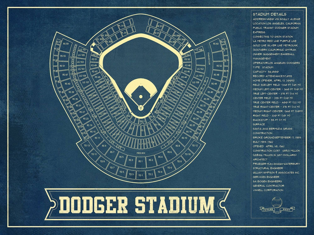 14" x 11" / Stretched Canvas Wrap Cutler West LA Dodgers Stadium Seating Chart - Vintage Baseball Fan Print