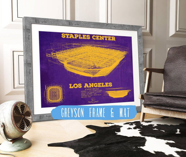 14" x 11" / Greyson Frame & Mat Cutler West LA Lakers - Staples Center Vintage Blueprint NBA Basketball NBA Team Color Print
