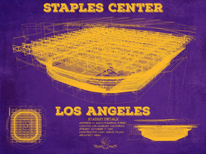 14" x 11" / Unframed Cutler West LA Lakers - Staples Center Vintage Blueprint NBA Basketball NBA Team Color Print