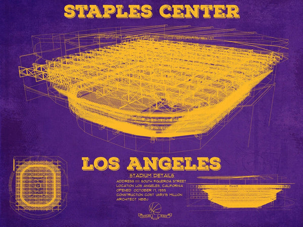 14" x 11" / Unframed Cutler West LA Lakers - Staples Center Vintage Blueprint NBA Basketball NBA Team Color Print