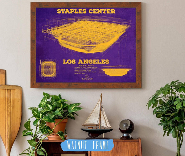 20" x 16" / Walnut Frame Cutler West LA Lakers - Staples Center Vintage Blueprint NBA Basketball NBA Team Color Print