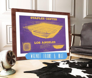 20" x 16" / Walnut Frame & Mat Cutler West LA Lakers - Staples Center Vintage Blueprint NBA Basketball NBA Team Color Print