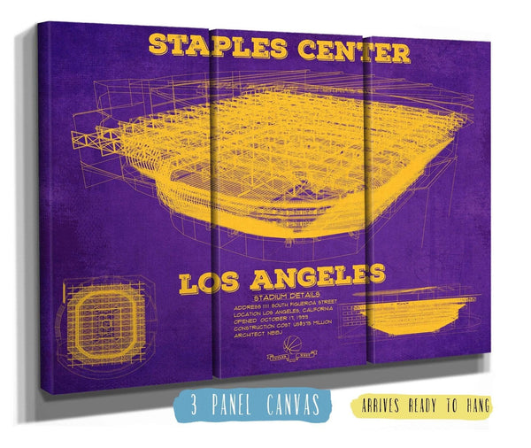 36" x 24" / 3 Panel Canvas Wrap Cutler West LA Lakers - Staples Center Vintage Blueprint NBA Basketball NBA Team Color Print