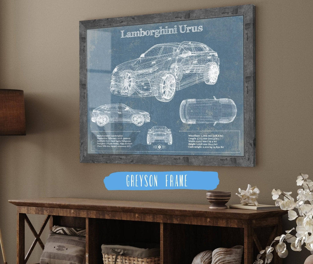 14" x 11" / Stretched Canvas Wrap Cutler West Lamborghini Urus 2019 Vintage Blueprint Auto Print