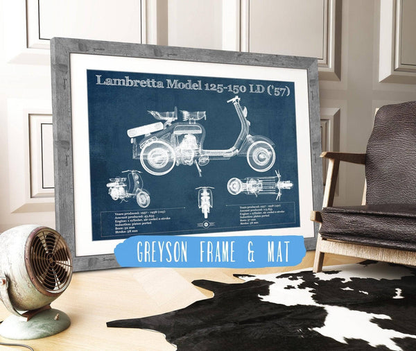 14" x 11" / Greyson Frame & Mat Cutler West Lambretta Model 125 150 LD ('57) Vintage Blueprint Motorcycle Print
