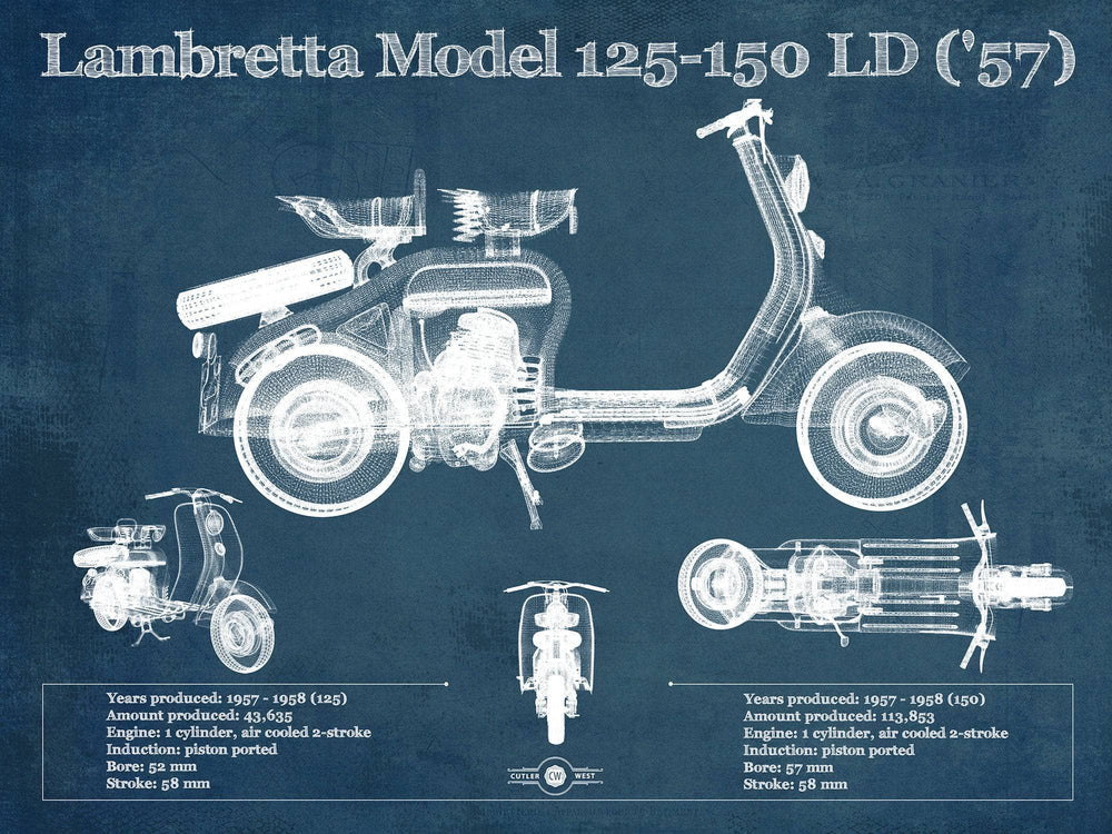 14" x 11" / Stretched Canvas Wrap Cutler West Lambretta Model 125 150 LD ('57) Vintage Blueprint Motorcycle Print