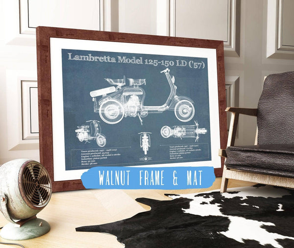 20" x 16" / Walnut Frame & Mat Cutler West Lambretta Model 125 150 LD ('57) Vintage Blueprint Motorcycle Print