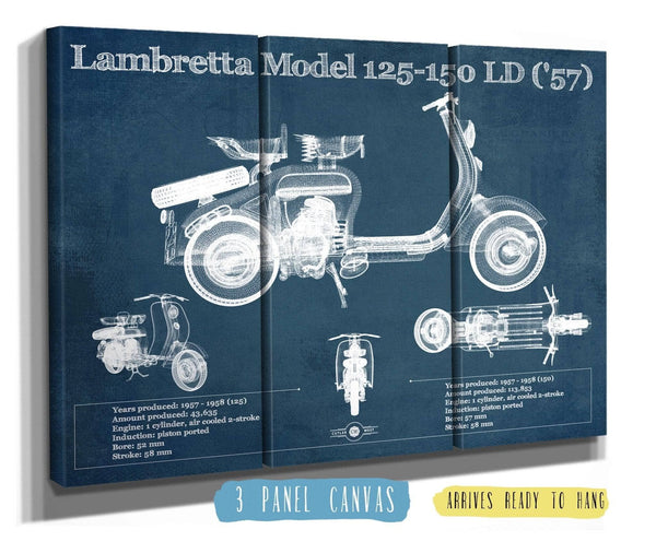 36" x 24" / 3 Panel Canvas Wrap Cutler West Lambretta Model 125 150 LD ('57) Vintage Blueprint Motorcycle Print