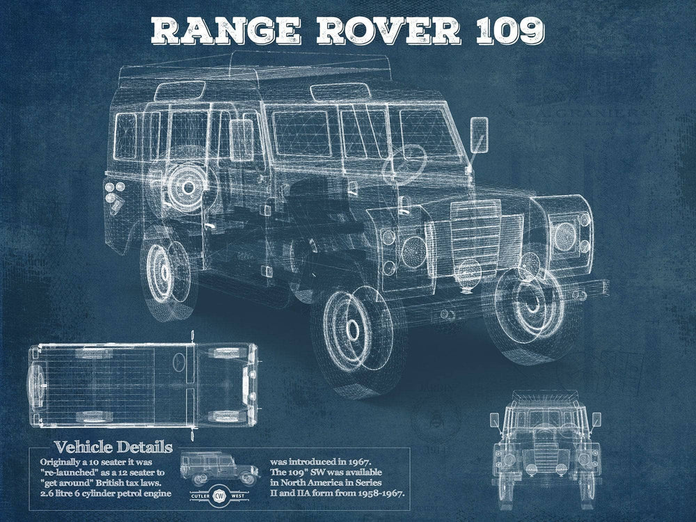 14" x 11" / Stretched Canvas Wrap Cutler West Land Rover 109 Vintage Blueprint Auto Print