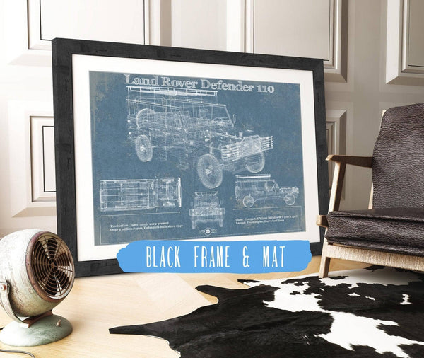 20" x 16" / Black Frame & Mat Cutler West Land Rover Defender 110 Blueprint Vintage Auto Patent Print
