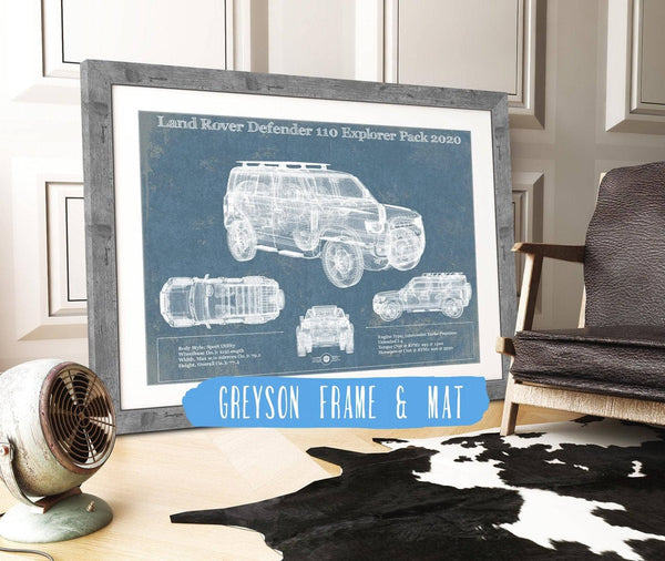 14" x 11" / Greyson Frame & Mat Cutler West Land Rover Defender 110 Explorer Pack Vintage Blueprint Auto Print