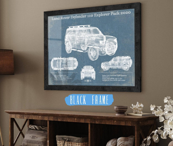 20" x 16" / Black Frame Cutler West Land Rover Defender 110 Explorer Pack Vintage Blueprint Auto Print