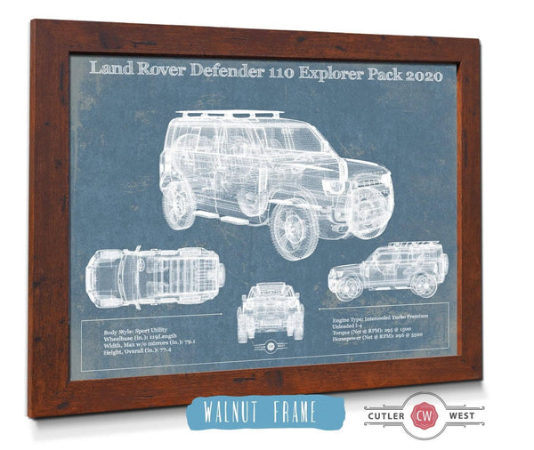 20" x 16" / Walnut Frame Cutler West Land Rover Defender 110 Explorer Pack Vintage Blueprint Auto Print