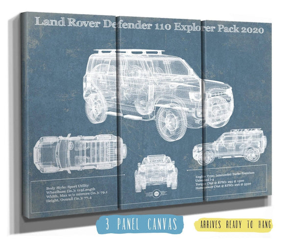 36" x 24" / 3 Panel Canvas Wrap Cutler West Land Rover Defender 110 Explorer Pack Vintage Blueprint Auto Print