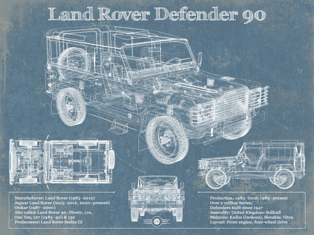 14" x 11" / Stretched Canvas Wrap Cutler West Land Rover Defender 90 Blueprint Vintage Auto Patent Print