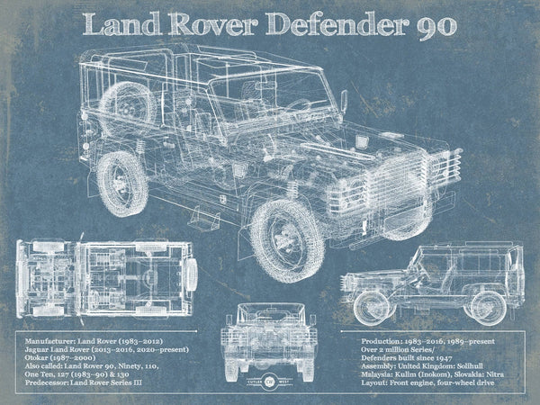 14" x 11" / Unframed Cutler West Land Rover Defender 90 Blueprint Vintage Auto Patent Print