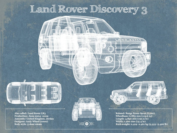 14" x 11" / Unframed Cutler West Land Rover Discovery 3 Blueprint Vintage Auto Patent Print