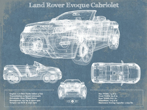 14" x 11" / Unframed Cutler West Land Rover Evoque Cabriolet Blueprint Vintage Auto Print
