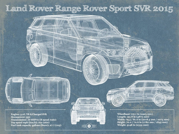 14" x 11" / Unframed Cutler West Land Rover Range Rover Sport SVR 2015 Vintage Blueprint Auto Print