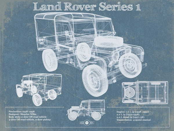 14" x 11" / Unframed Cutler West Land Rover Series 1 Blueprint Vintage Auto Patent Print