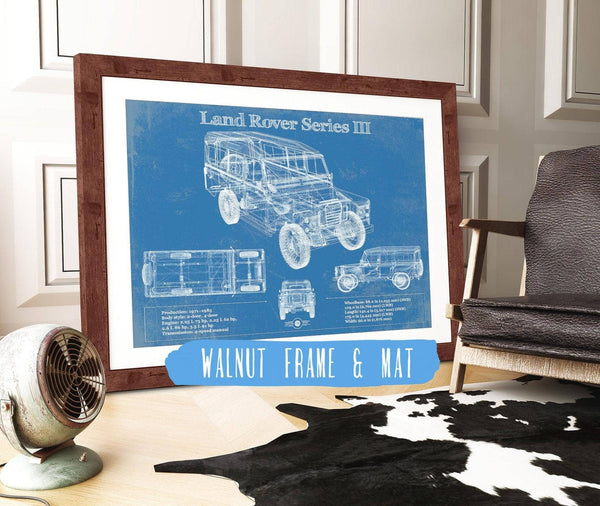 20" x 16" / Walnut Frame & Mat Cutler West Land Rover Series III 109" Blueprint Vintage Auto Patent Print