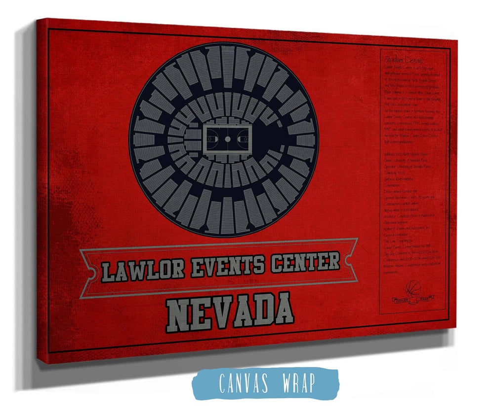 14" x 11" / Stretched Canvas Wrap Cutler West Lawlor Events Center Nevada Wolf Pack Team Colors NCAA College Basketball Blueprint Art