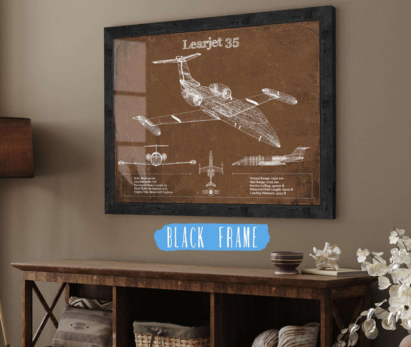 20" x 16" / Black Frame Cutler West Learjet 35 Vintage Blueprint Airplane Print
