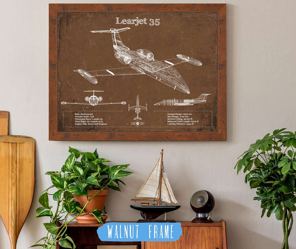 20" x 16" / Walnut Frame Cutler West Learjet 35 Vintage Blueprint Airplane Print
