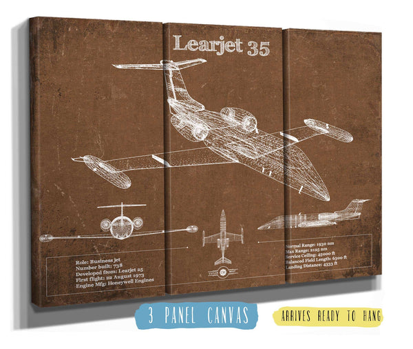 36" x 24" / 3 Panel Canvas Wrap Cutler West Learjet 35 Vintage Blueprint Airplane Print