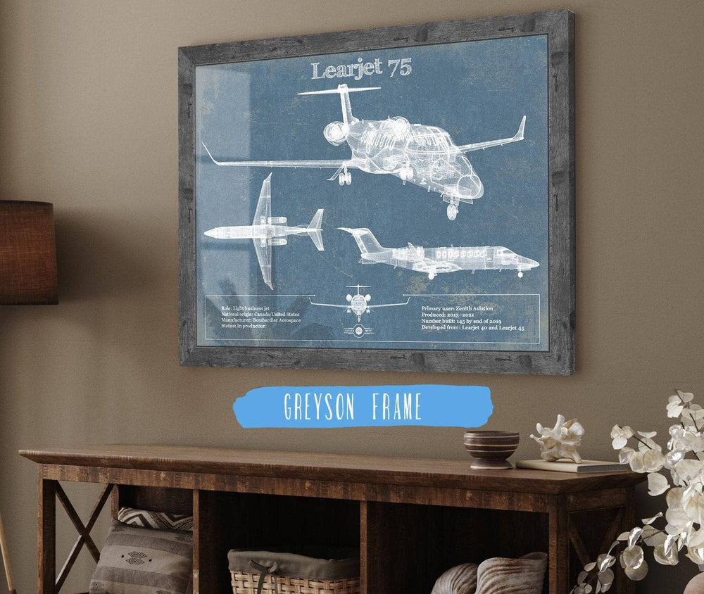 14" x 11" / Stretched Canvas Wrap Cutler West Learjet 75 Vintage Blueprint Airplane Print