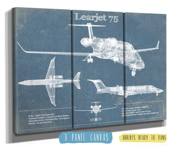 36" x 24" / 3 Panel Canvas Wrap Cutler West Learjet 75 Vintage Blueprint Airplane Print