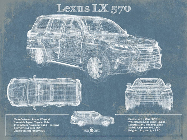 14" x 11" / Unframed Cutler West Lexus LX 570 Vintage Blueprint Auto Print