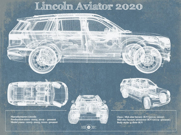14" x 11" / Unframed Cutler West Lincoln Aviator 2020 Vintage Blueprint Print