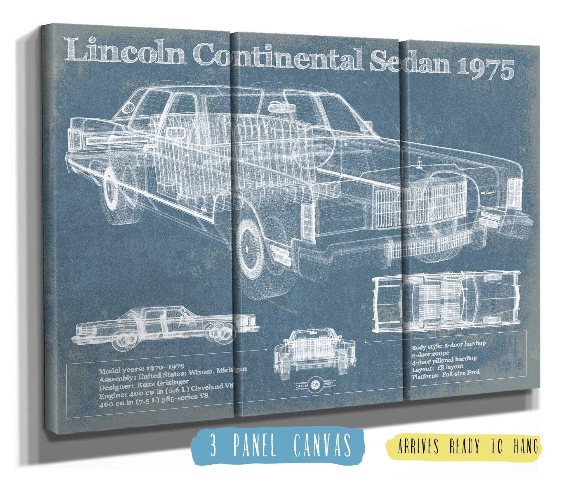 Cutler West Lincoln Continental Sedan 1975 Vintage Blueprint Auto Print