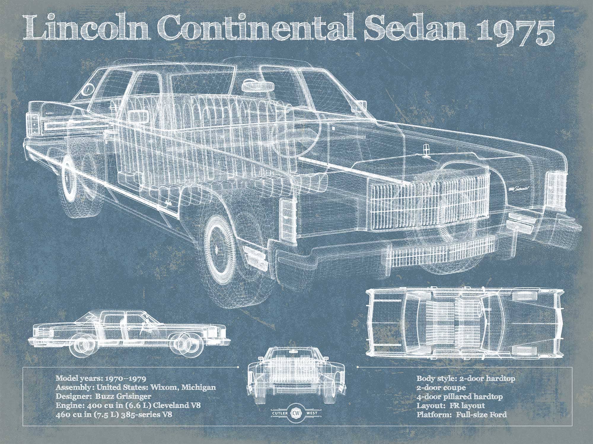 Cutler West Lincoln Continental Sedan 1975 Vintage Blueprint Auto Print