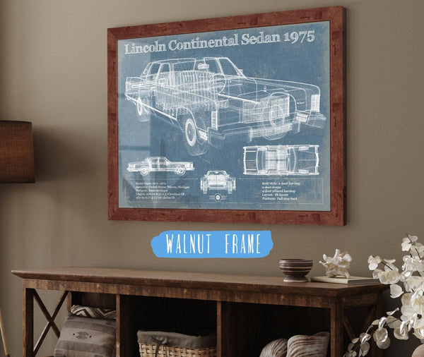 20" x 16" / Walnut Frame Cutler West Lincoln Continental Sedan 1975 Vintage Blueprint Auto Print