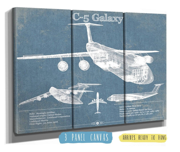 36" x 24" / 3 Panel Canvas Wrap Cutler West Lockheed C-5 Galaxy Vintage Aviation Blueprint Military Print